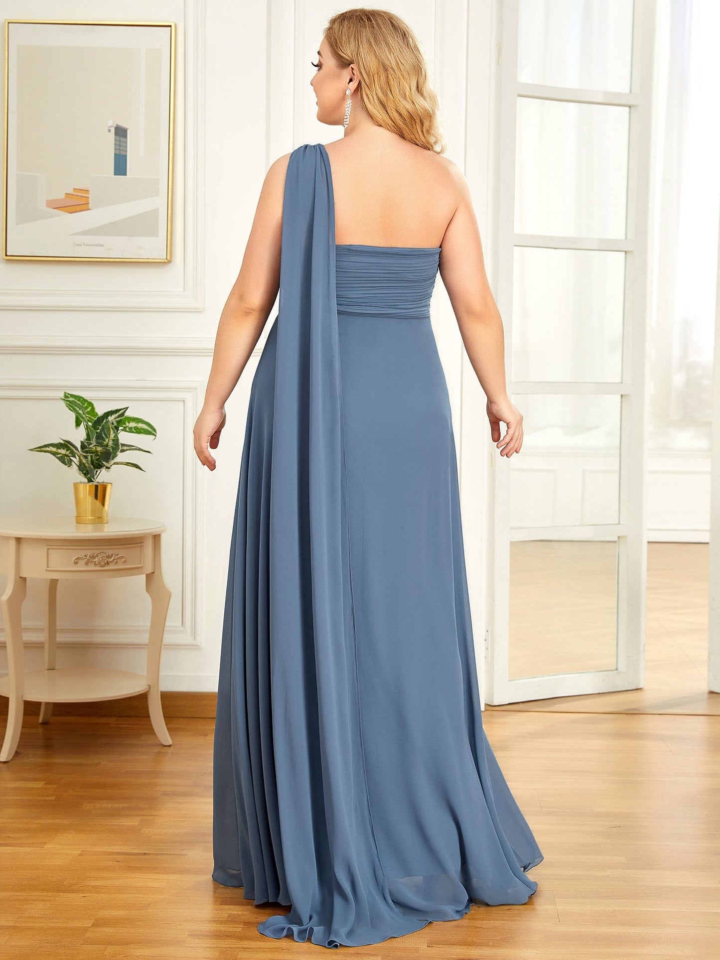 Custom Size Pleated One Shoulder Long Chiffon Evening Dress #color_Dusty Navy