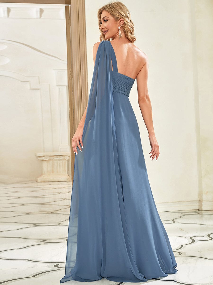 Pleated One Shoulder Long Chiffon Evening Dress #color_Dusty Navy