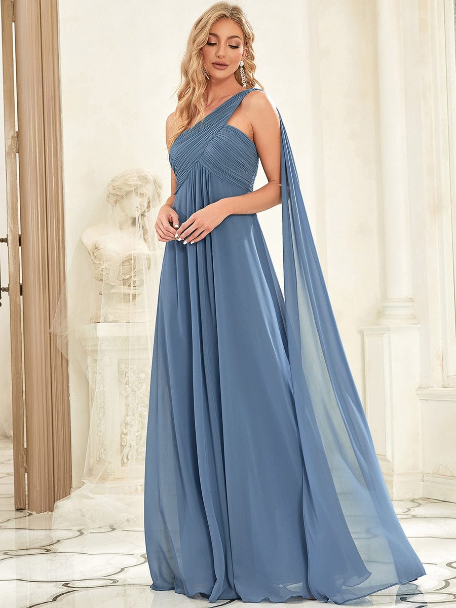 Pleated Chiffon One Shoulder Long Evening Dress #color_Dusty Navy