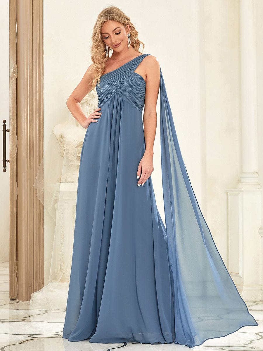 Pleated One Shoulder Long Chiffon Evening Dress #color_Dusty Navy