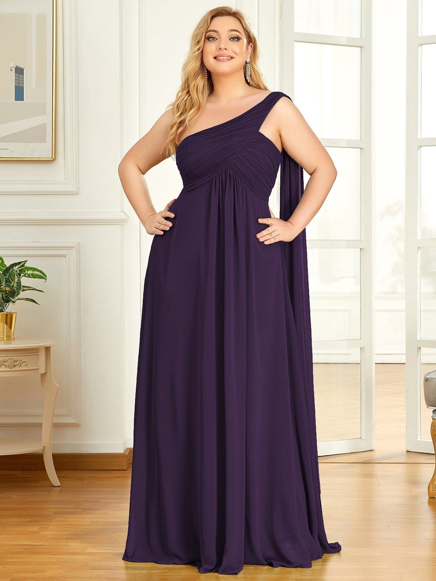 Custom Size Pleated One Shoulder Long Chiffon Evening Dress #color_Dark Purple