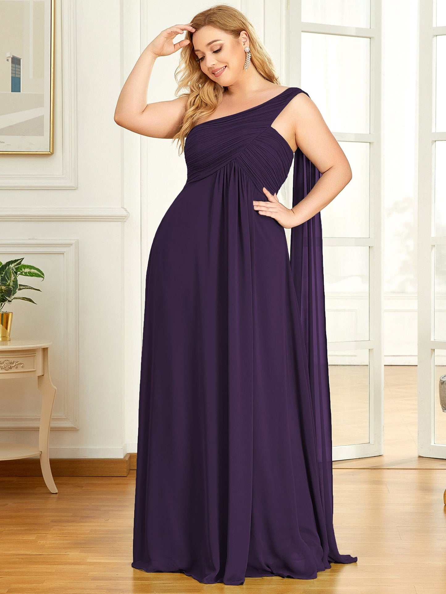 Custom Size Pleated One Shoulder Long Chiffon Evening Dress #color_Dark Purple