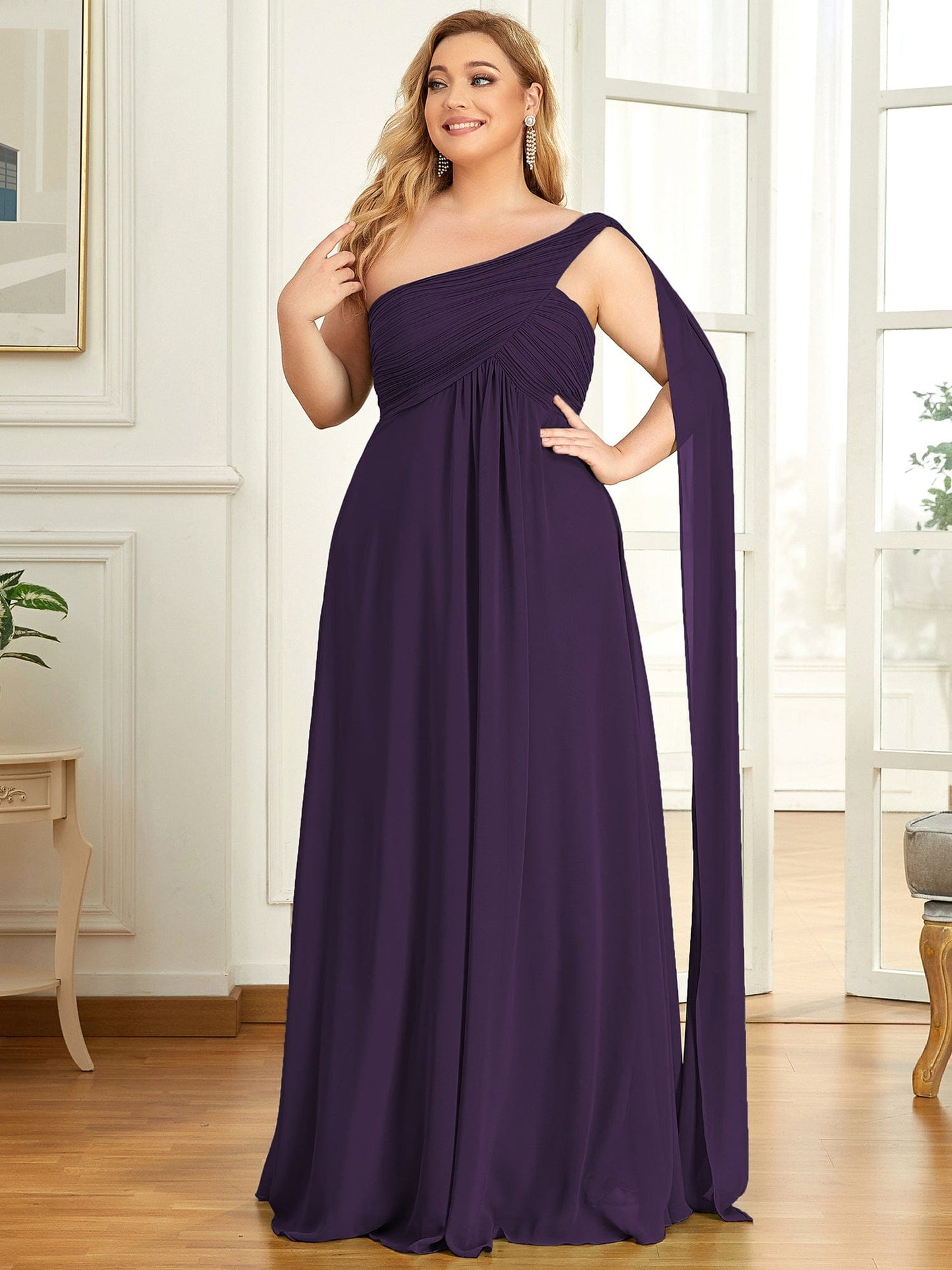 Custom Size Pleated One Shoulder Long Chiffon Evening Dress #color_Dark Purple