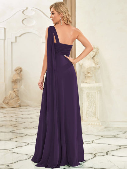 Pleated One Shoulder Long Chiffon Evening Dress #color_Dark Purple