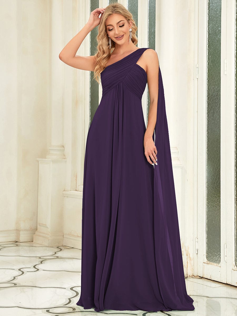 Pleated One Shoulder Long Chiffon Evening Dress #color_Dark Purple