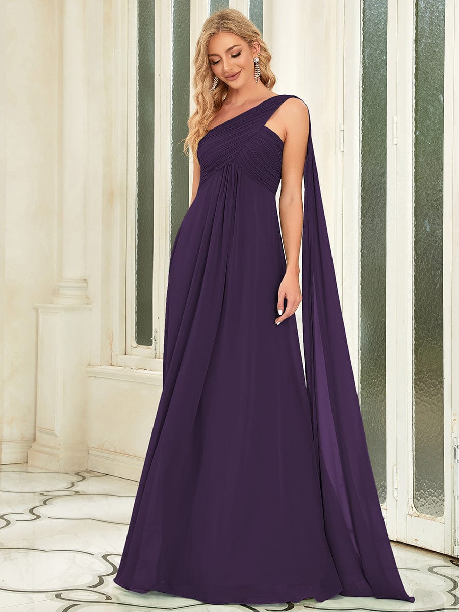 Pleated One Shoulder Long Chiffon Evening Dress #color_Dark Purple