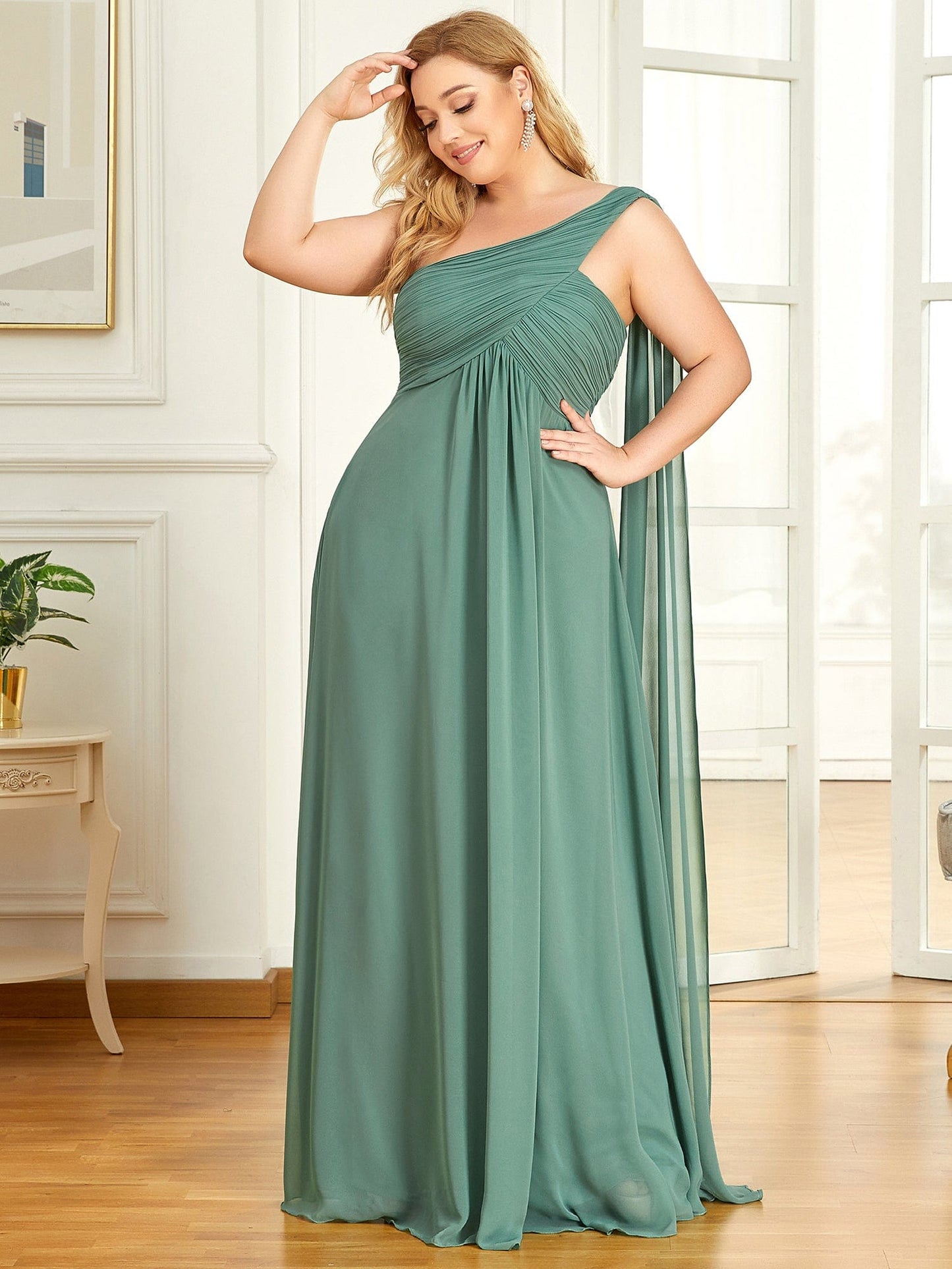 Custom Size Pleated One Shoulder Long Chiffon Evening Dress #color_Green Bean