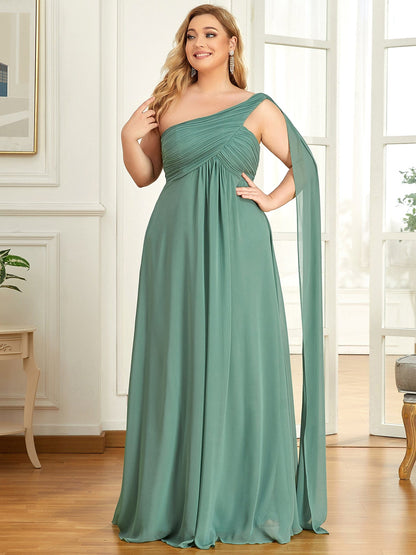 Custom Size Pleated One Shoulder Long Chiffon Evening Dress #color_Green Bean