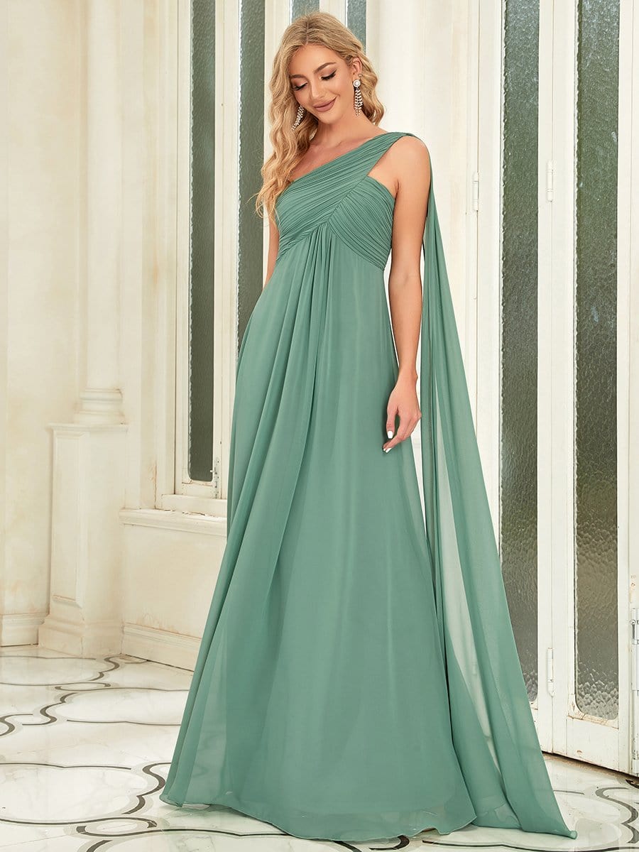 Pleated Chiffon One Shoulder Long Evening Dress #color_Green Bean 