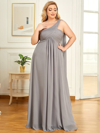 Custom Size Pleated One Shoulder Long Chiffon Evening Dress #color_Grey