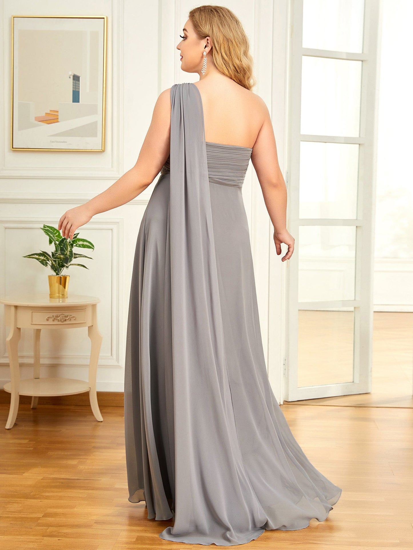 Custom Size Pleated One Shoulder Long Chiffon Evening Dress #color_Grey