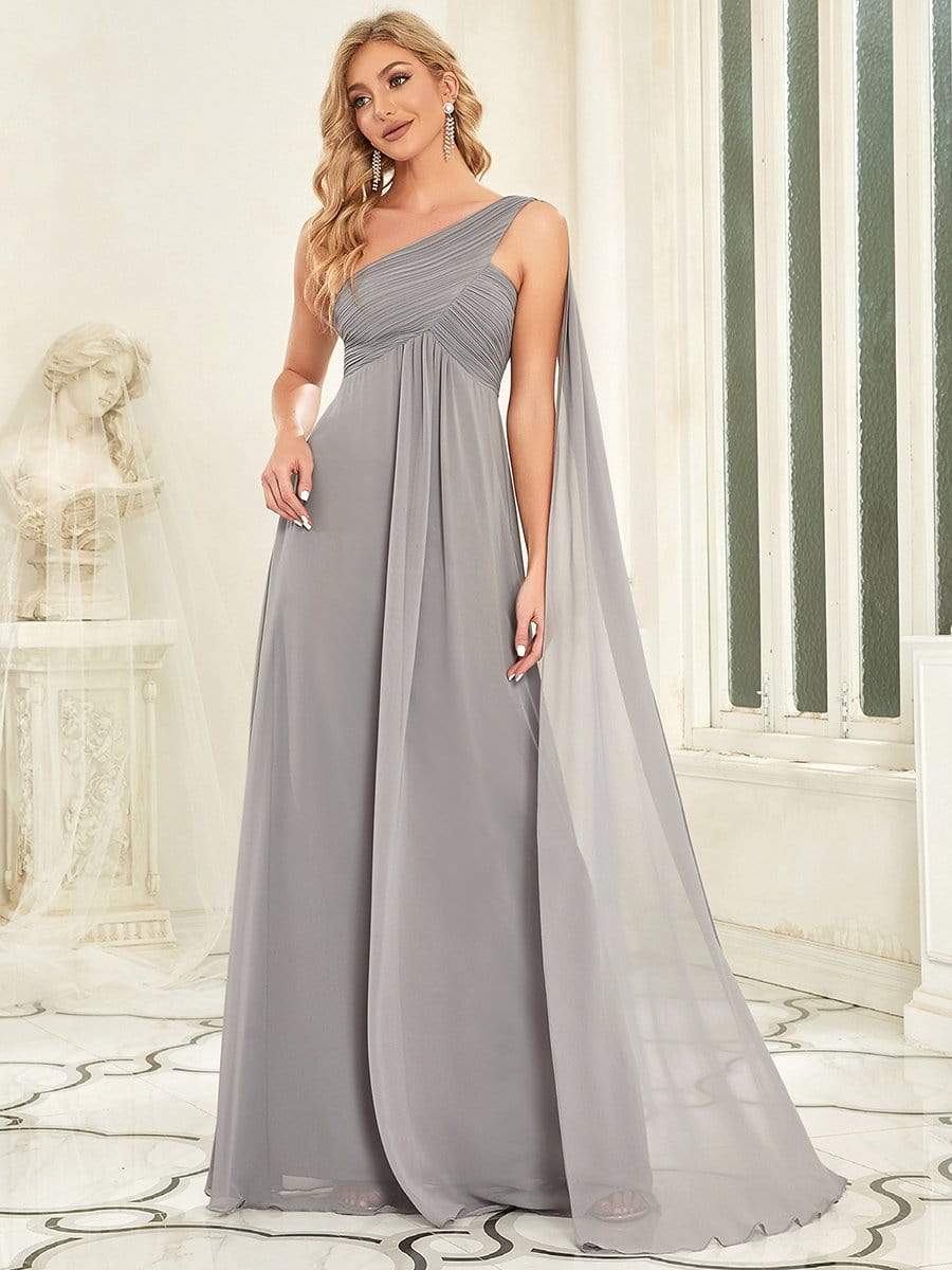 Pleated One Shoulder Long Chiffon Evening Dress #color_Grey 