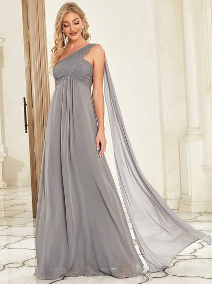 Pleated One Shoulder Long Chiffon Evening Dress #color_Grey 