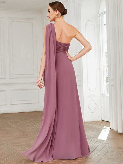 Pleated One Shoulder Long Chiffon Evening Dress #color_Purple Orchid