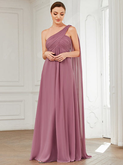 Pleated One Shoulder Long Chiffon Evening Dress #color_Purple Orchid