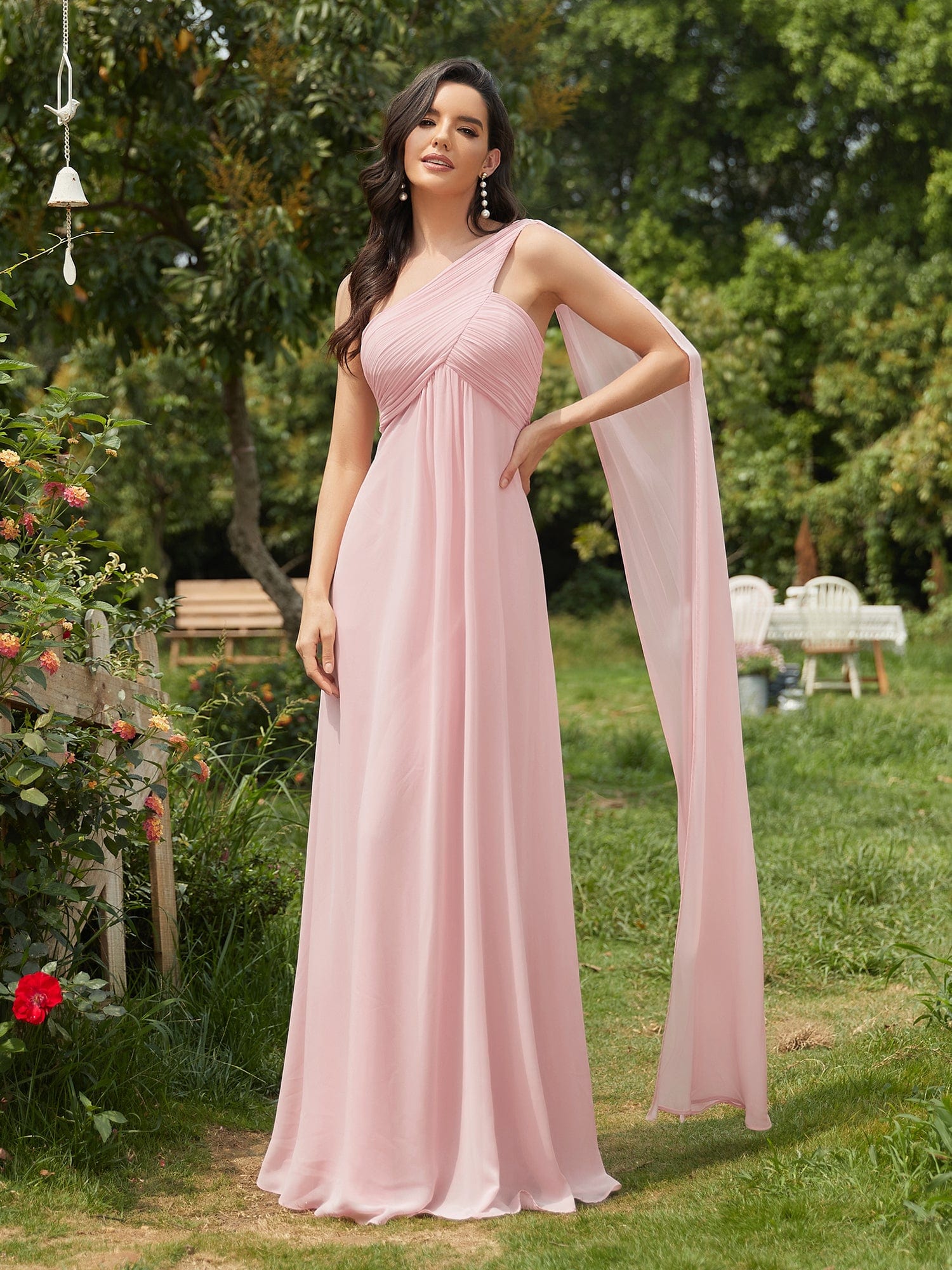 Custom Size Pleated One Shoulder Long Chiffon Evening Dress #color_Pink