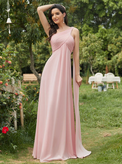 Custom Size Pleated One Shoulder Long Chiffon Evening Dress #color_Pink