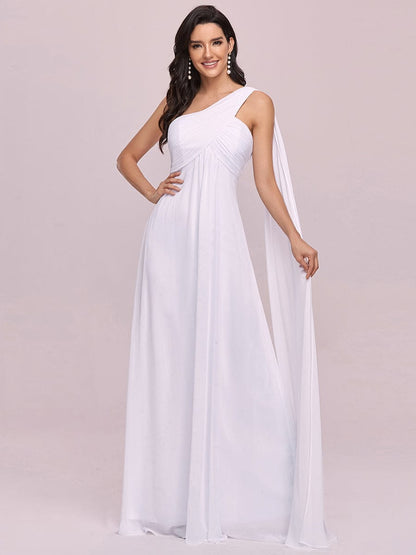 Custom Size Pleated One Shoulder Long Chiffon Evening Dress #color_White