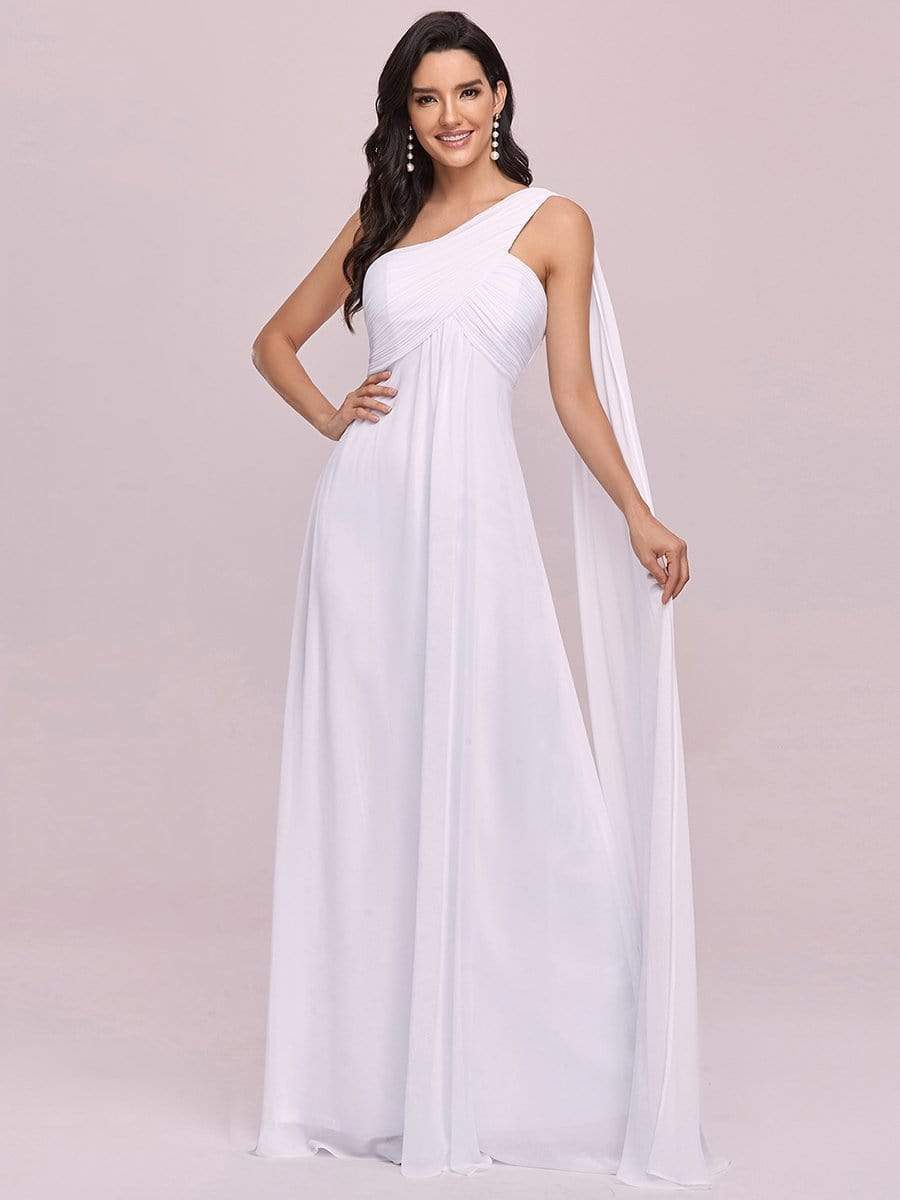 Pleated One Shoulder Long Chiffon Evening Dress #color_White 