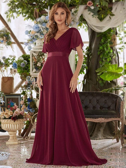 Long Chiffon Empire Waist Bridesmaid Dress with Short Flutter Sleeves #color_Burgundy