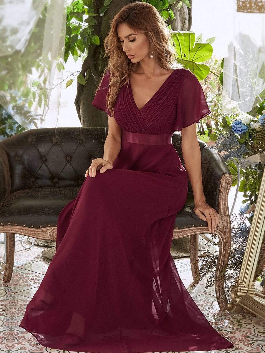 Long Chiffon Empire Waist Bridesmaid Dress with Short Flutter Sleeves #color_Burgundy