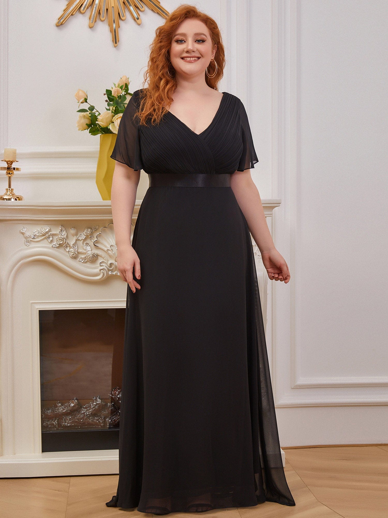 Custom Size Flutter Sleeves Chiffon Empire Waist Bridesmaid Dress #color_Black