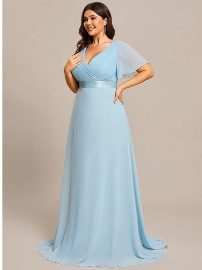 Plus Size Long Empire Waist Evening Dress With Short Flutter Sleeves #color_Sky Blue