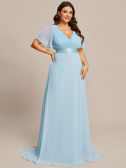 Plus Size Long Empire Waist Evening Dress With Short Flutter Sleeves #color_Sky Blue