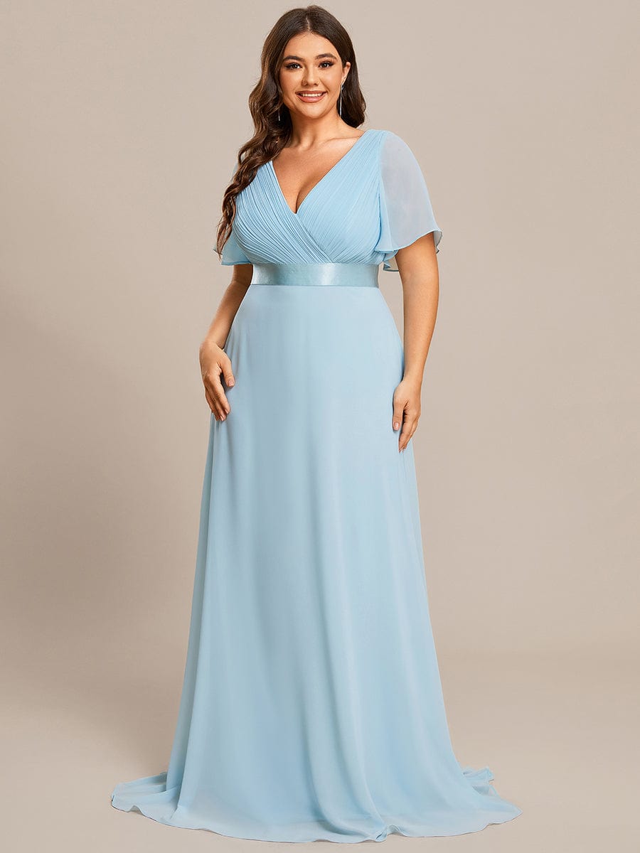 Plus Size Long Empire Waist Evening Dress With Short Flutter Sleeves #color_Sky Blue