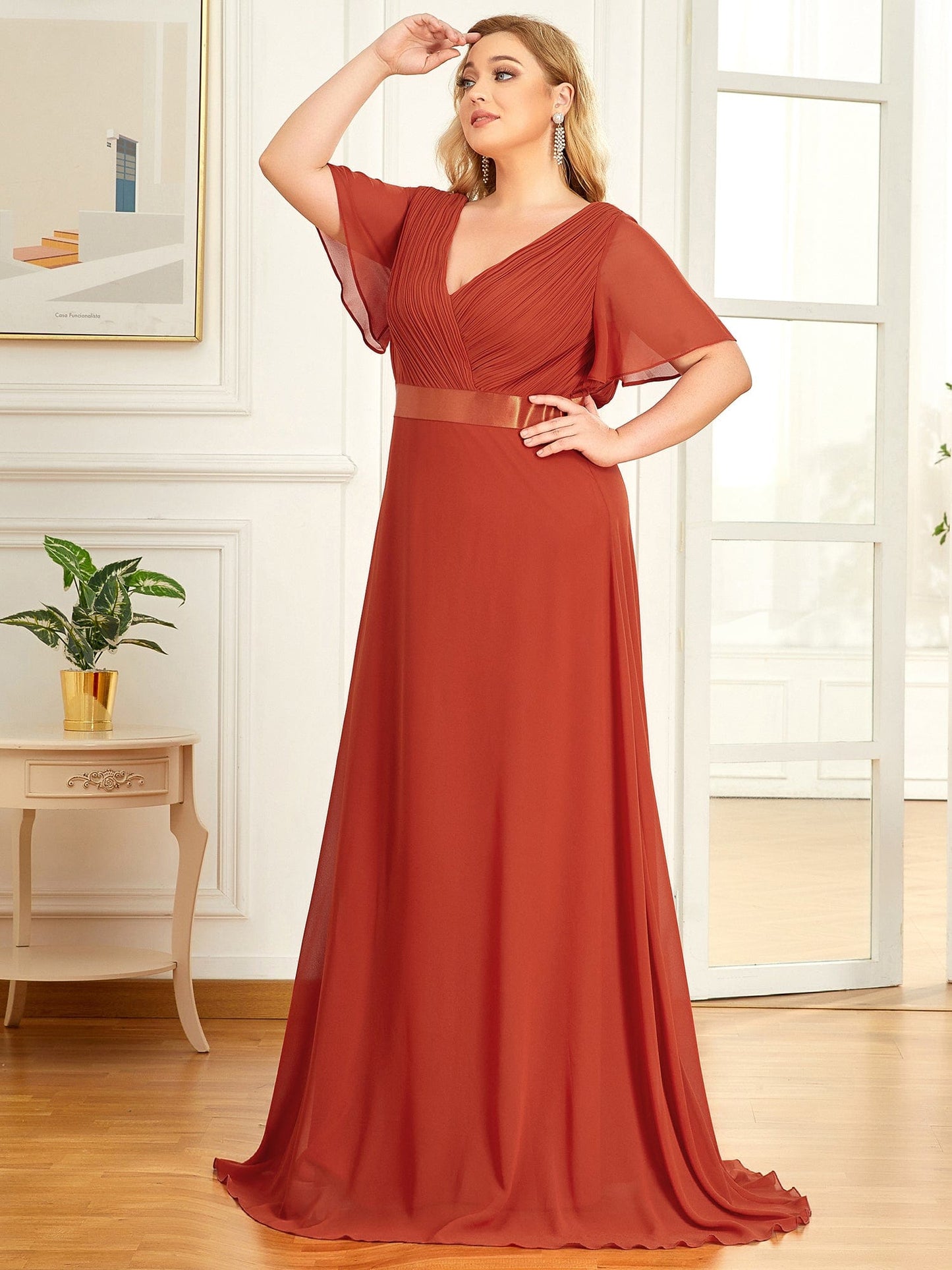 Custom Size Flutter Sleeves Chiffon Empire Waist Bridesmaid Dress #color_Burnt Orange