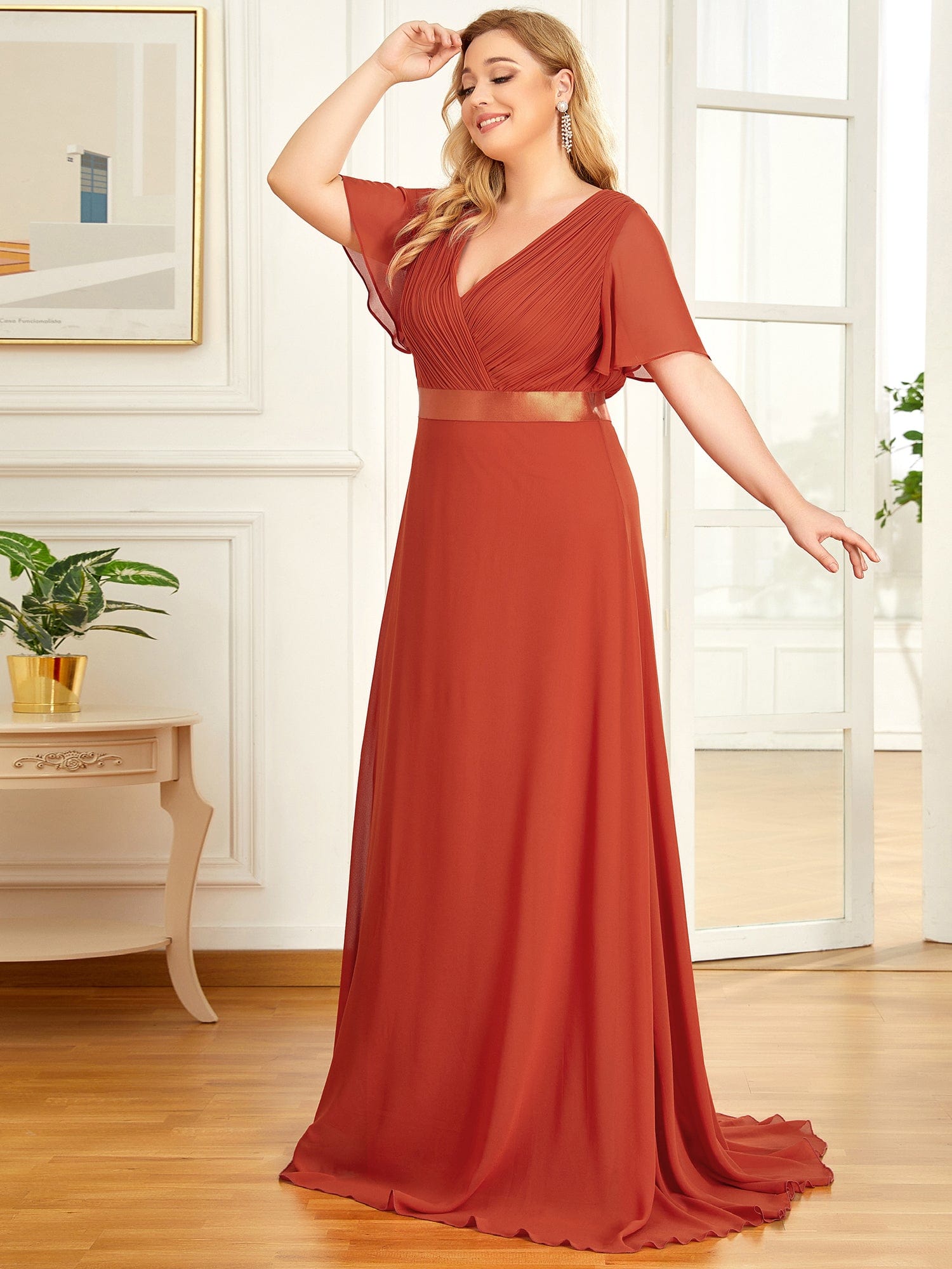 Custom Size Flutter Sleeves Chiffon Empire Waist Bridesmaid Dress #color_Burnt Orange