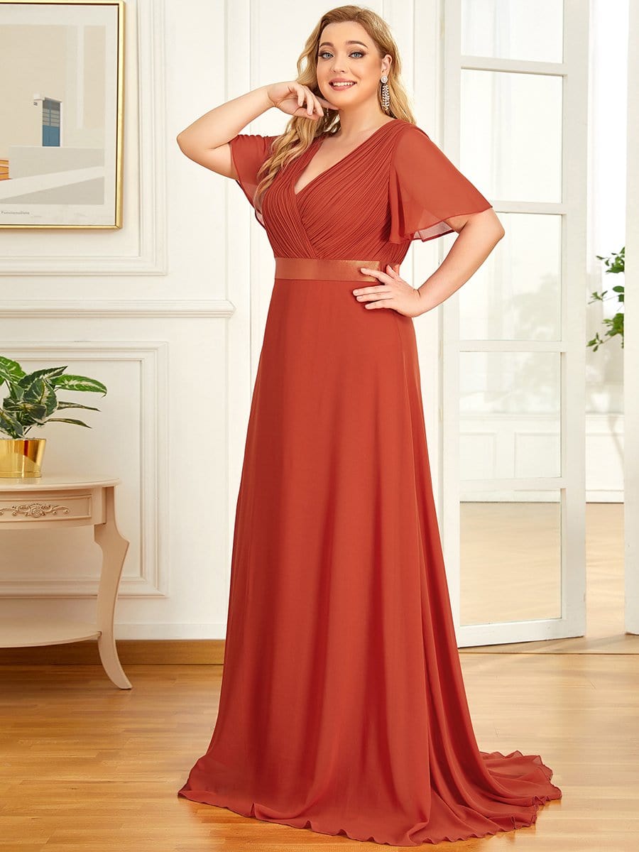 Plus Size Simple Empire Waist Flutter Sleeve Evening Dress #color_Burnt Orange