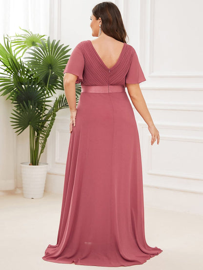 Plus Size Long Empire Waist Evening Dress With Short Flutter Sleeves #color_Cameo Brown