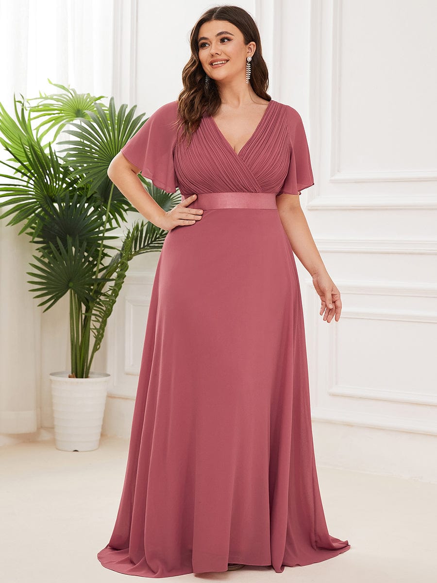 Plus Size Long Empire Waist Evening Dress With Short Flutter Sleeves #color_Cameo Brown