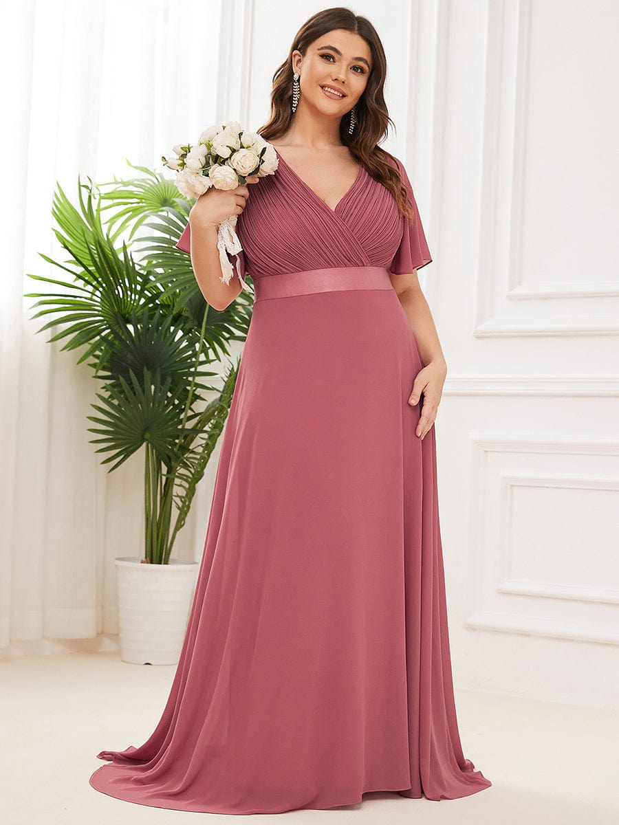 Plus Size Long Empire Waist Evening Dress With Short Flutter Sleeves #color_Cameo Brown