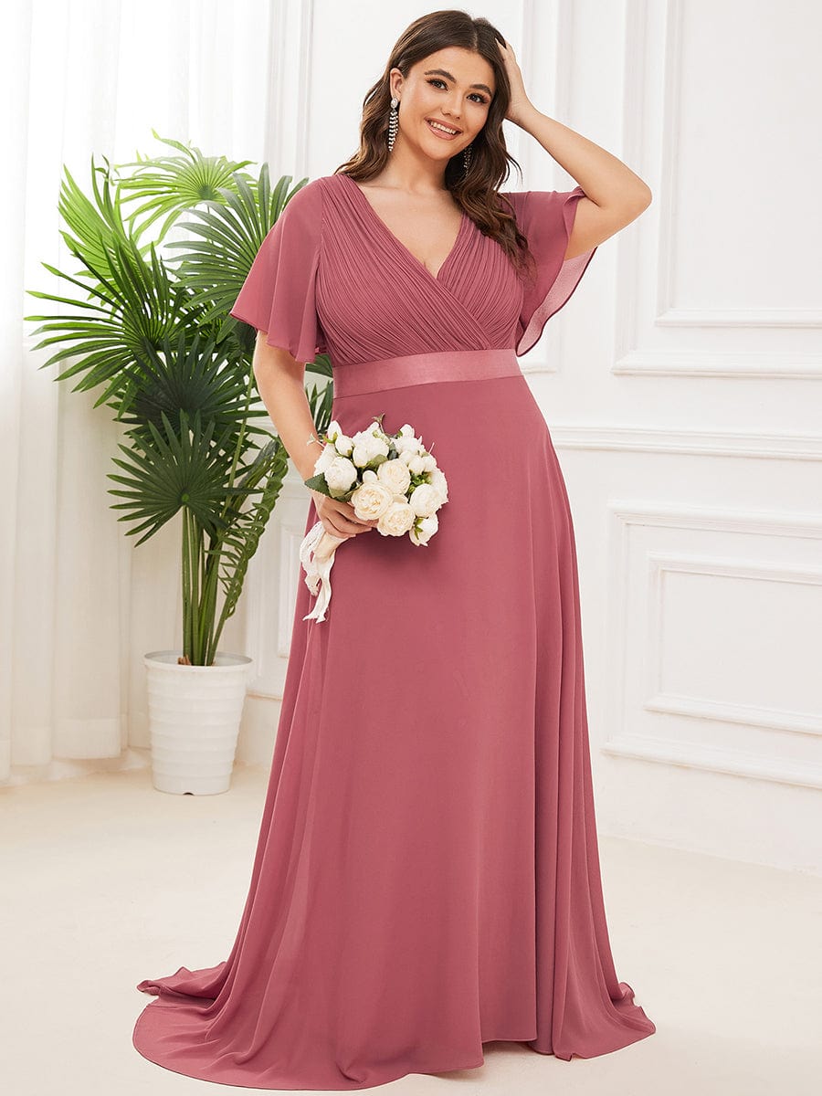 Plus Size Long Empire Waist Evening Dress With Short Flutter Sleeves #color_Cameo Brown