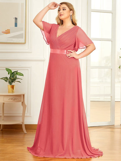 Custom Size Flutter Sleeves Chiffon Empire Waist Bridesmaid Dress #color_Coral