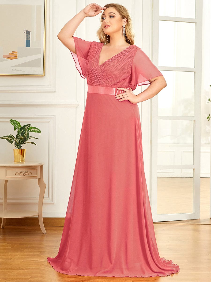 Plus Size Simple Empire Waist Flutter Sleeve Evening Dress #color_Coral