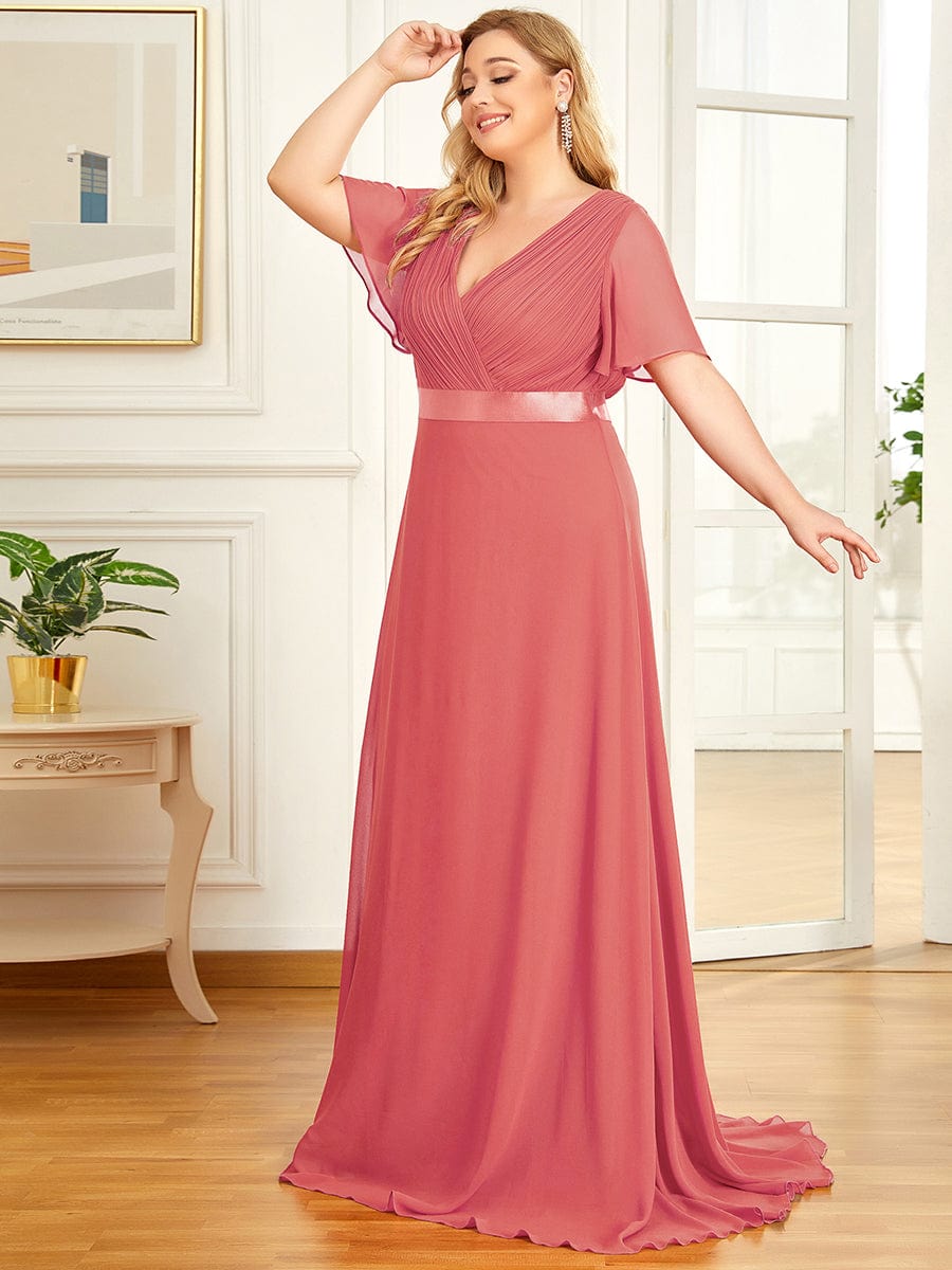 Plus Size Simple Empire Waist Flutter Sleeve Evening Dress #color_Coral