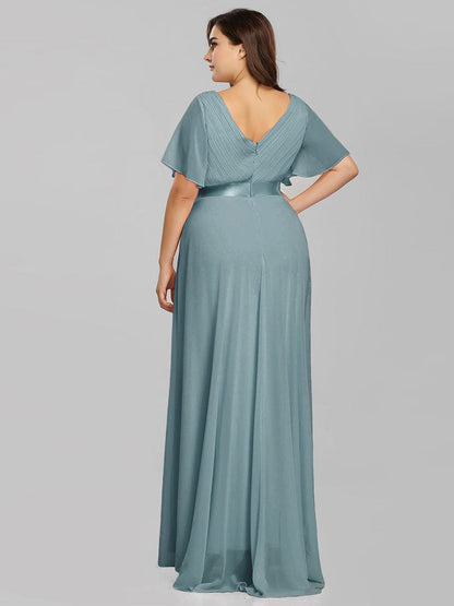 Plus Size Long Empire Waist Evening Dress With Short Flutter Sleeves #color_Dusty Blue