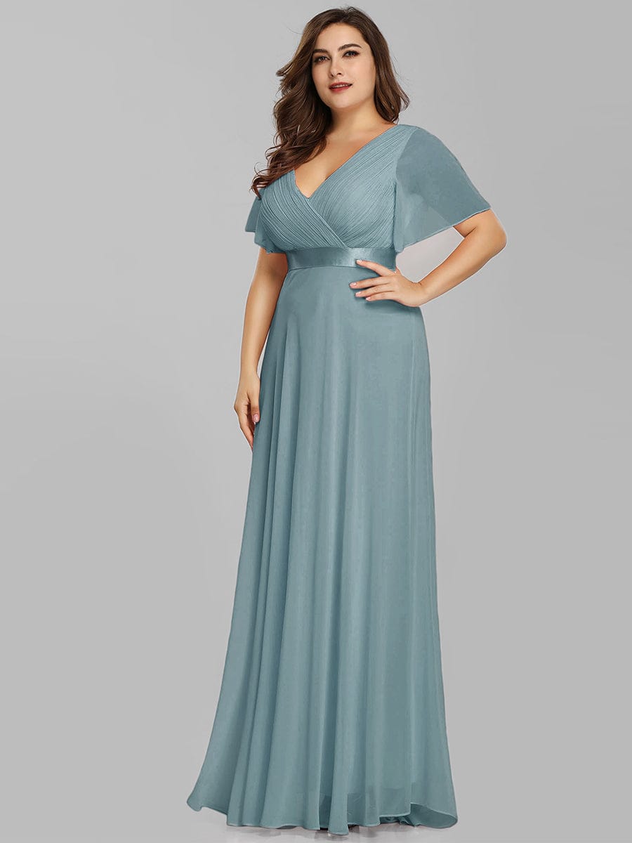 Plus Size Long Empire Waist Evening Dress With Short Flutter Sleeves #color_Dusty Blue