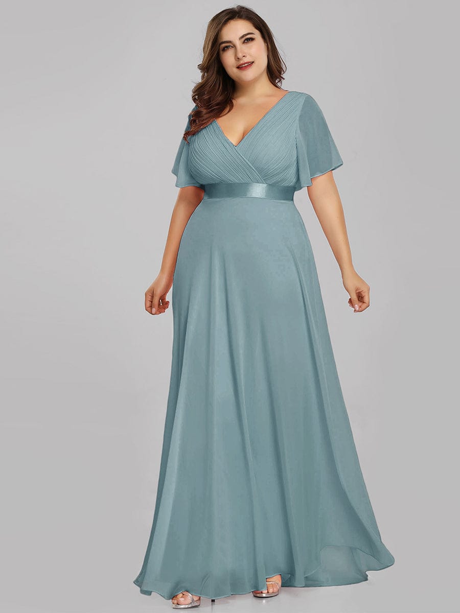 Plus Size Long Empire Waist Evening Dress With Short Flutter Sleeves #color_Dusty Blue