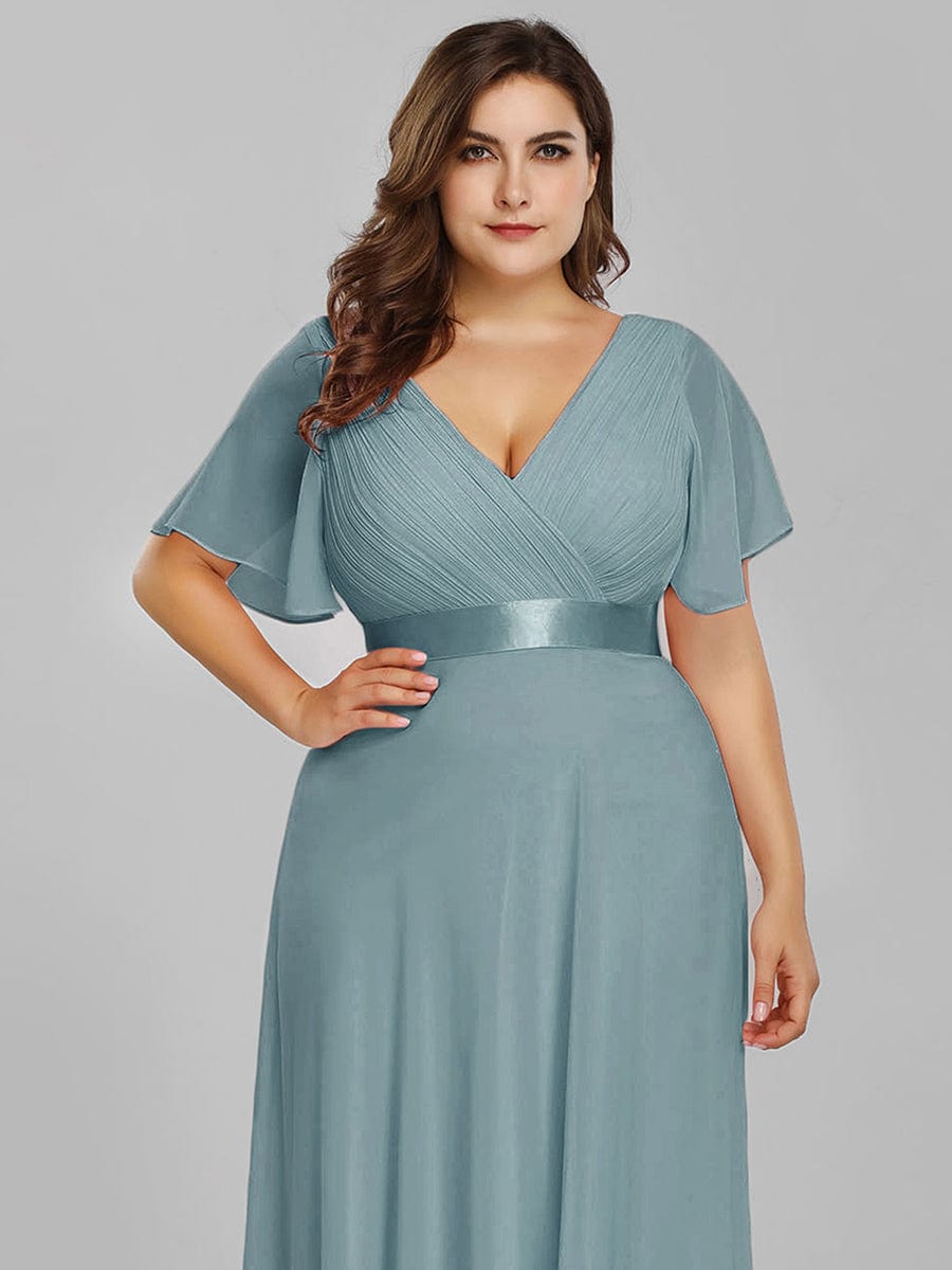 Plus Size Long Empire Waist Evening Dress With Short Flutter Sleeves #color_Dusty Blue