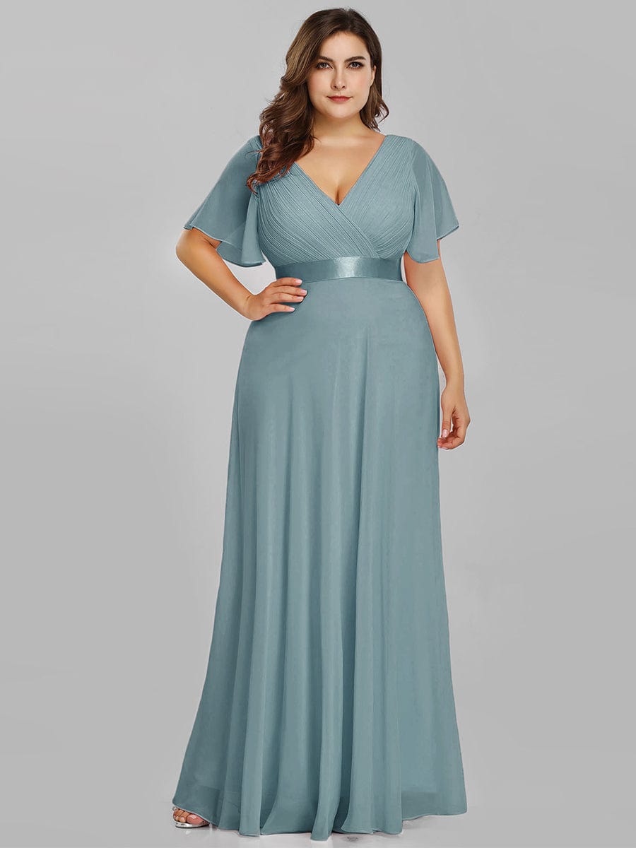 Plus Size Long Empire Waist Evening Dress With Short Flutter Sleeves #color_Dusty Blue