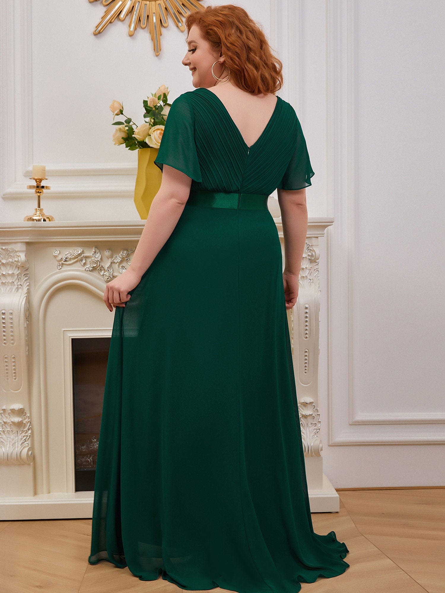 Plus Size Long Empire Waist Evening Dress With Short Flutter Sleeves #color_Dark Green