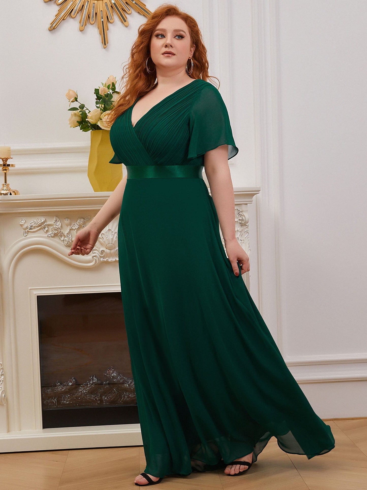 Plus Size Long Empire Waist Evening Dress With Short Flutter Sleeves #color_Dark Green