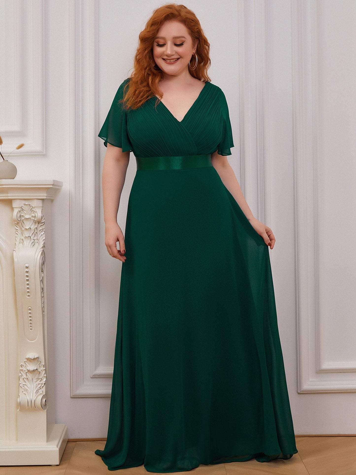 Plus Size Long Empire Waist Evening Dress With Short Flutter Sleeves #color_Dark Green