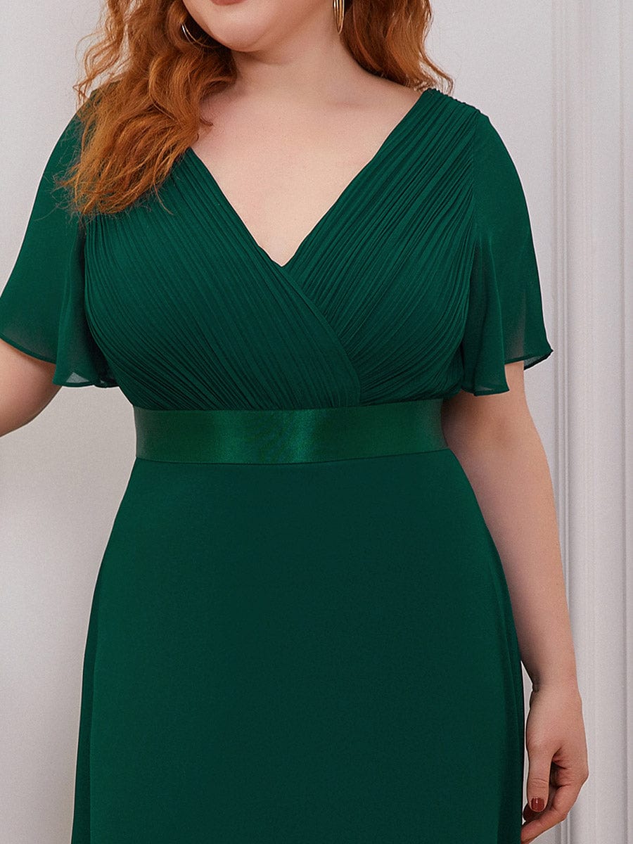 Plus Size Long Empire Waist Evening Dress With Short Flutter Sleeves #color_Dark Green