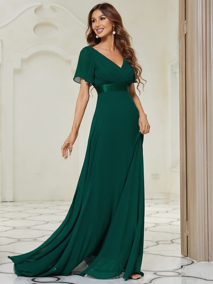 Long Chiffon Empire Waist Bridesmaid Dress with Short Flutter Sleeves #color_Dark Green