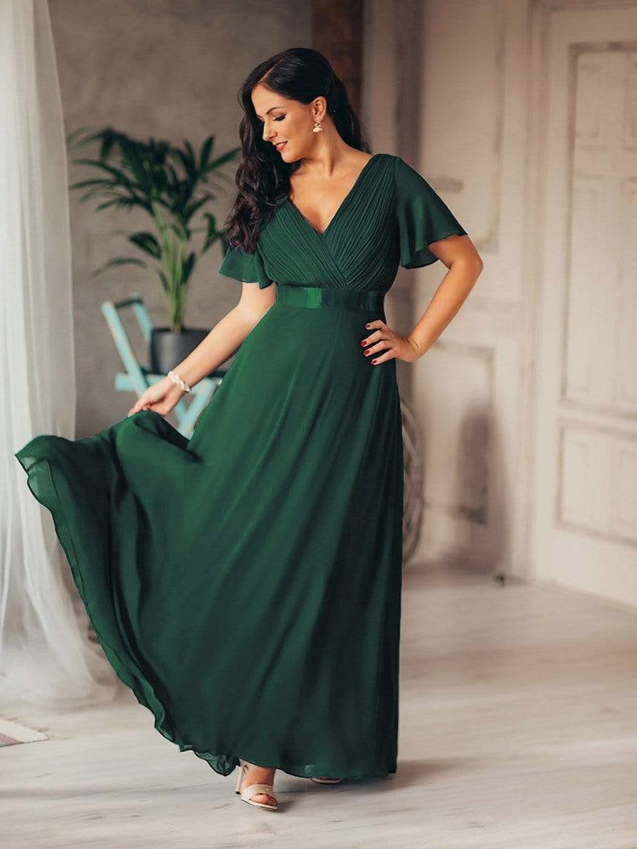 Long Chiffon Empire Waist Bridesmaid Dress with Short Flutter Sleeves #color_Dark Green